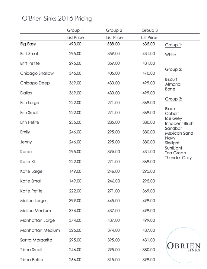 O'Brien Porcelain price list